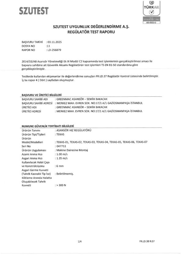 GREENMAC ASANSÖR HIZ REGÜLATÖRÜ MODÜL C2 TEST RAPORU