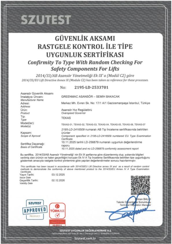 GREENMAC ASANSÖR HIZ REGÜLATÖRÜ MODÜL C2 SERTİFİKA