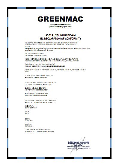 GREENMAC ASANSÖR HIZ REGÜLATÖRÜ UYGUNLUK BEYANI